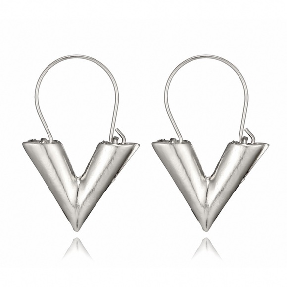 Silver “V” Hoop Earrings w/Ear Wire Hook - Picture 6 of 7